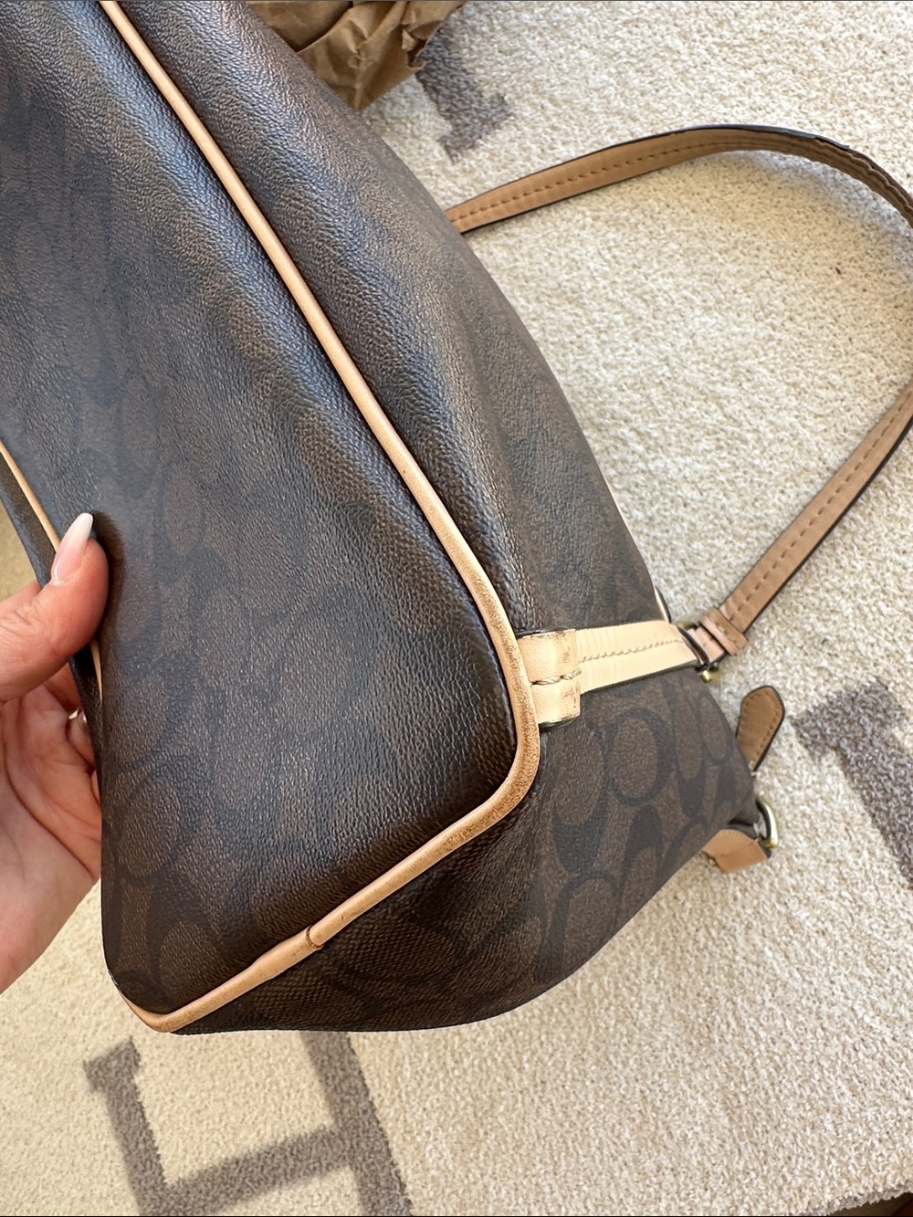 Coach Brown Signature Shoulder Bag with Tan Trim - Picture 12 of 15